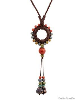 Boho Ceramic Bead O Ring Charm Long Y Necklace Adjustable Cord